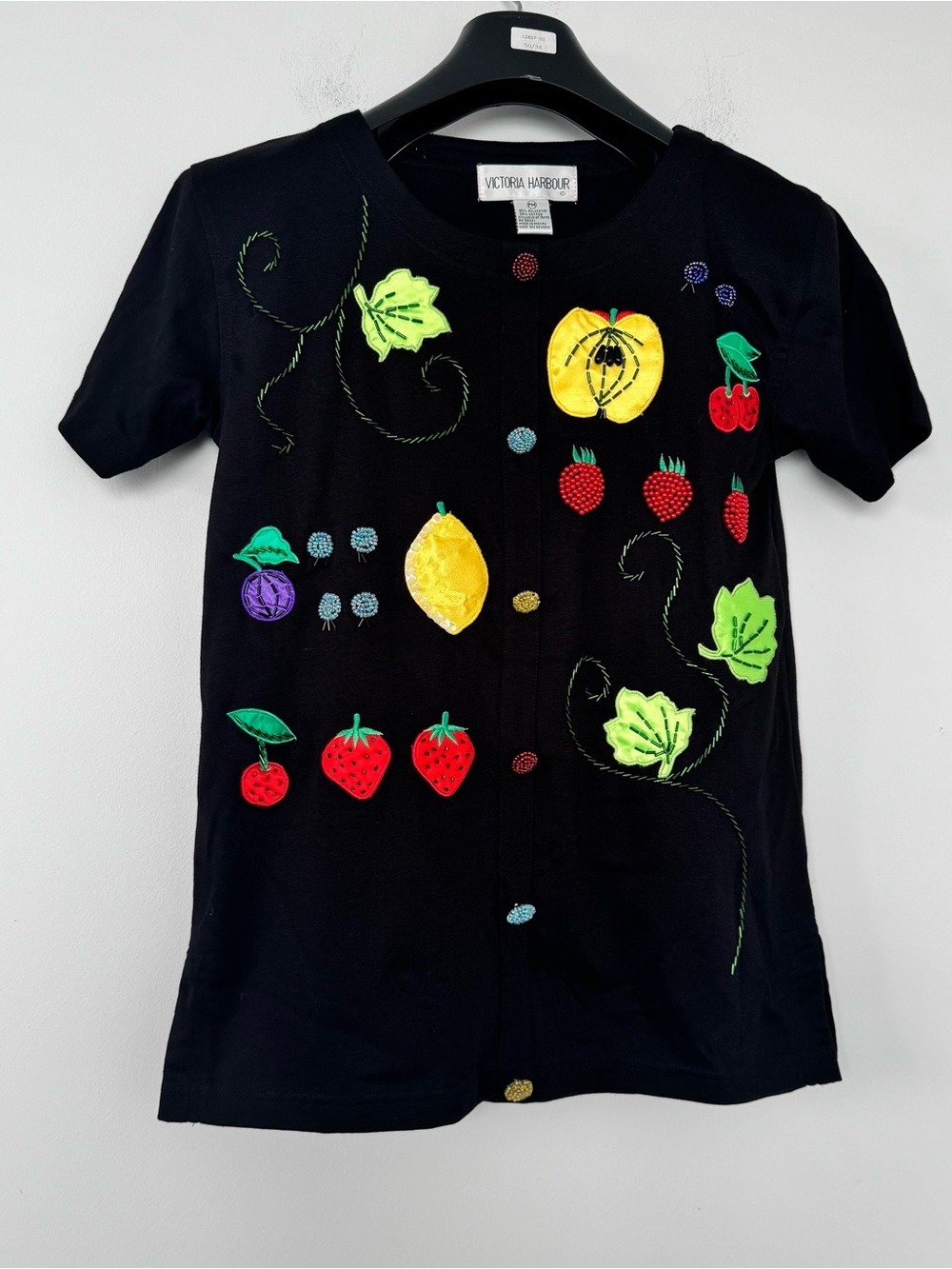 Vtg Victoria Harbour Beaded Fruit Top Womens PM Black Shoulder Pad Whimsigoth